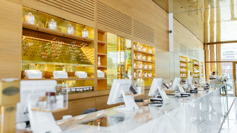 Modern dispensary interior with pale wood shelving